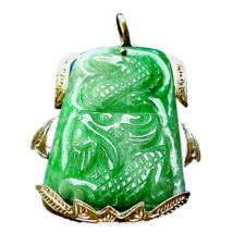 Earth mined Antique green Jade Dragon Pendant 14k Gold Deco Charm - $6,335.01