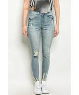 Women&#39;s Light Blue Distressed Ripped Denim Skinny Destroyed Raw Hem Ankl... - $25.00