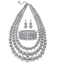 Beaded Triple Strand Necklace Drop Earrings And Bracelet Silvertone - £79.92 GBP