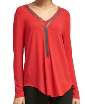 DKNY Womens Chain Detail V Neck Top Color Medium Red Size X-Small - £28.92 GBP