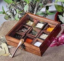 Sheesham Wood Masala Spice Box with Glass Lid on Top and Spoon By MARMORIS ECOM - £31.48 GBP