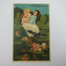 Postcard Birth Announcement Babies Stork Lily Pad Pond Antique 1909 Embossed - £7.82 GBP