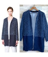 Zara Aztec Jacquard Duster Jacket Blue Open Textured Cotton Linen Womens... - $44.53