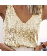  Thirteen Sparkling Sequined Shimmer Sleeveless Spaghetti Strap Tee Shirt Tops - $63.95