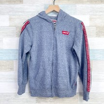 LEVIS Spellout Sleeve Hooded Sweatshirt Gray Full Zip Kangaroo Pocket Bo... - $19.79