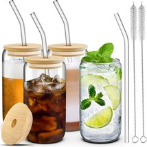 4 Set Glass Cups with Lids and Straws 16 oz Glasses Drinking Set Iced Coffee Cup - £31.57 GBP