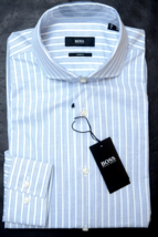 HUGO BOSS Uomo Jason Slim Fit Blu / Bianco a Righe Cotone Camicia 38 15 - £50.68 GBP