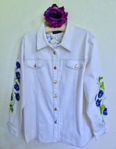 Bob Mackie Wearable Art Morning Glory Embroidered Jeans Jacket L White Blue - $29.99