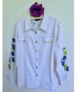 Bob Mackie Wearable Art Morning Glory Embroidered Jeans Jacket L White Blue - £23.59 GBP