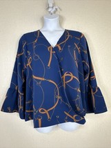 NWT IMAN V-neck Blouse Blue Belts &amp; Tassels Long Sleeve Womens Plus Size 1X - $28.29