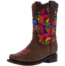 Kids Girls Leather Western Boots Dark Brown Leather Flowers Size 8, 9, 1... - £42.54 GBP