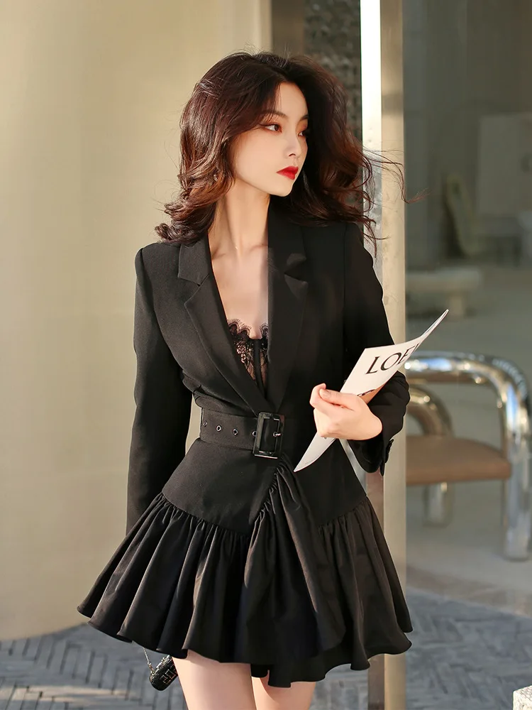 SuperAen  Autumn  Solid Slim Waist Black Suit Sashes Full Notched Office Lady Wo - £151.05 GBP