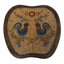 Vtg Trivet Roosters Flowers PA Dutch Country Folk Art Farm Cork Wood Hot Pad - £11.14 GBP