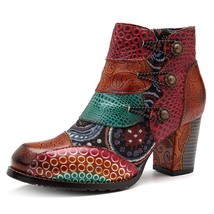 Socofy Vintage Splicing Printed Ankle Boots For Women Shoes Woman Genuine Leathe - £119.71 GBP