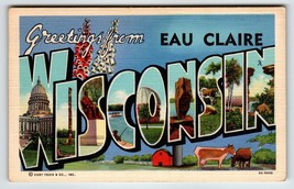 Greetings From Eau Claire Wisconsin Large Big Letter Postcard Curt Teich Unused - £16.03 GBP