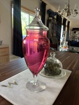 Vtg 12” Pink Cranberry Glass Pedestal Candy Apothecary Jar w/ Lid EUC - $26.47