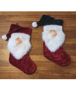 2 Santa Claus Face Crushed Velvet Christmas Stockings EUC Red and Green - $46.74