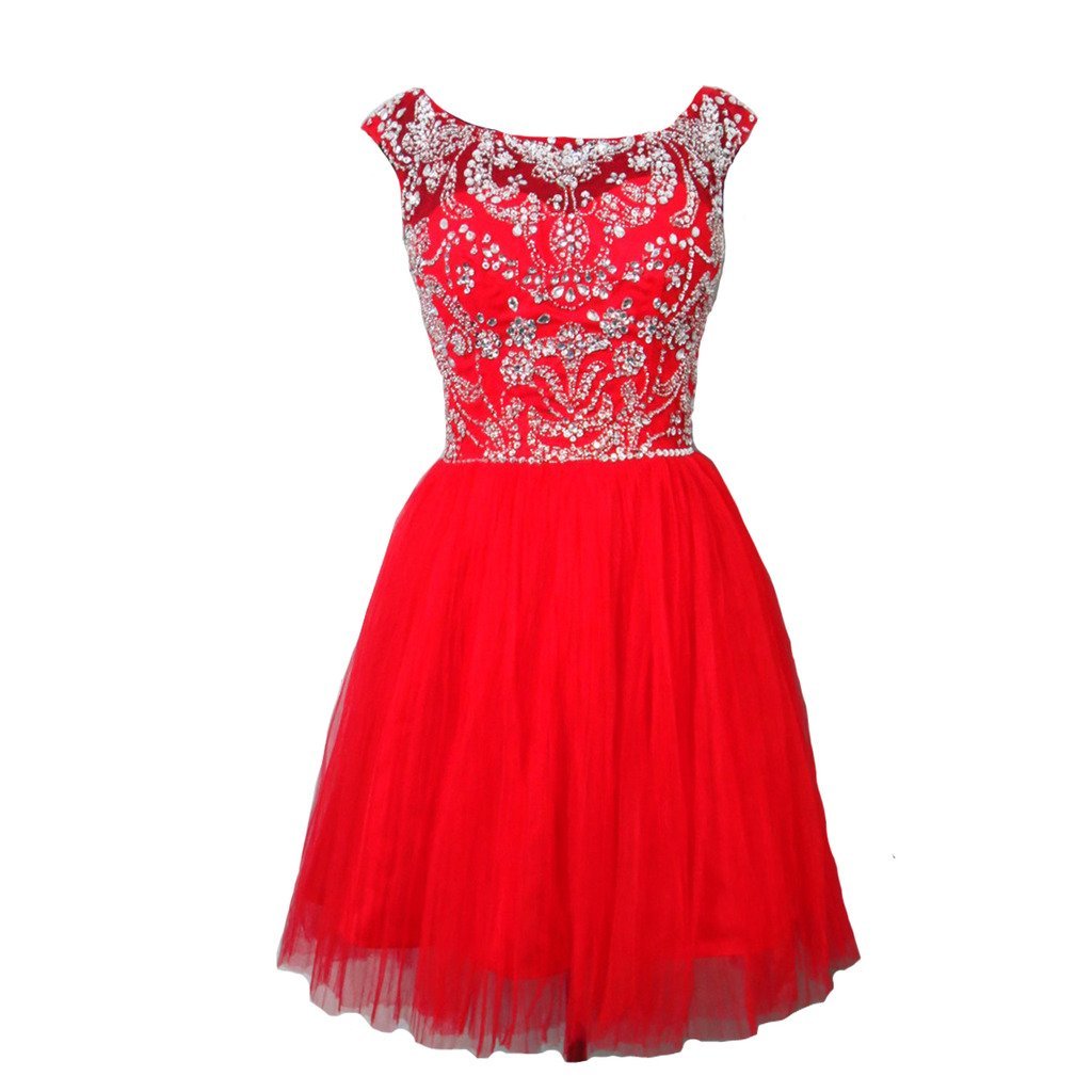Kivary Crystals Beaded Short Tulle Sheer Corset Prom Homecoming Graduation Dress
