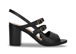 Women vegan heel sandals slingback black apple skin with straps buckles ... - $111.51