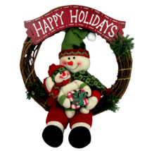 Snowmen Christmas Wreath 14&quot; Happy Holidays With Baby Rustic Decor Plush... - $18.80