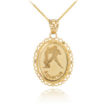 10k Solid Gold Aquarius Zodiac Sign Filigree Oval Pendant Necklace - £125.37 GBP+