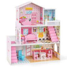 Kids Wooden Dollhouse Playset with 5 Simulated Rooms and 10 Pieces of Furniture - £82.10 GBP
