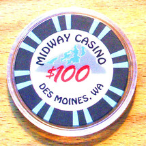 (1) $100. Midway Casino Chip - Des Moines, Washington - Bud Jones Mold - £15.65 GBP