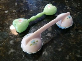 2 Vintage Plastic Baby Rattle Phone Receiver Hearts Green &amp; Pink Floral Accents - £29.59 GBP