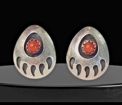 VTG Native American Bear Paw Read Coral Shadowbox Stud Earrings Sterling... - $35.53