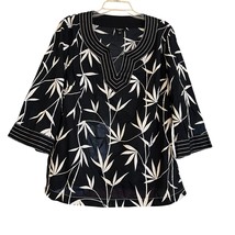 Talbots Womens Blouse Size 18W Plus Black Bamboo Leaf Vneck 3/4 Sleeve T... - £19.46 GBP