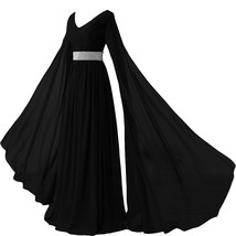 V Neck Long Sleeves Chiffon Formal Prom Vintage Evening Dresses Plus Size Black  - £109.82 GBP
