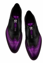 Two Tone Handmade Black and Purple Wingtip Brogue Genuine Leather Zipper Shoes - £108.39 GBP