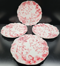 4 Grace&#39;s Teaware Red Pine Dinner Plate Set Holly Floral Scalloped Gold Trim Lot - £70.21 GBP