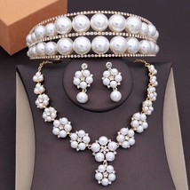 Round pearl Tiara earrings necklace Set | Silver Bridal Wedding Hair Jew... - $41.99