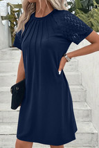 Navy Blue Contrast Lace Raglan Sleeve Pleated Detail Shift Dress - $225.52 MXN