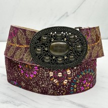 Chico&#39;s Vintage Genuine Leather Floral Sequin Embroidered Belt Size Medi... - $29.69