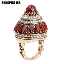 Bohemia Natural Stones Wedding Rings For Women Antique Gold Color Full Crystal C - £6.96 GBP