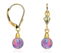 6 mm Ball Shaped Purple Fire Opal Leverback Dangle Earrings 14K Yellow Gold - £66.21 GBP