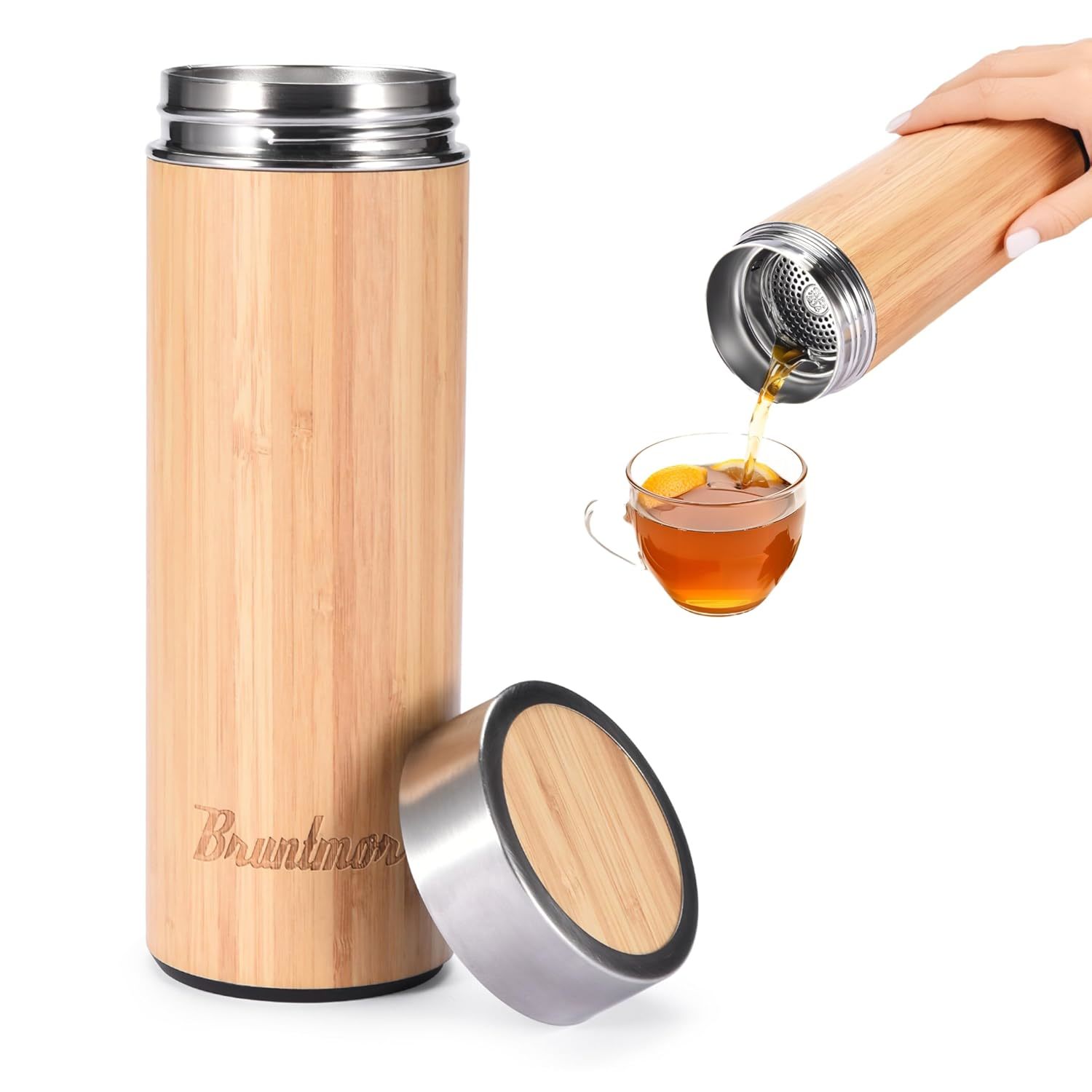 Bruntmor Premium Bamboo Tumbler with Tea Infuser - Vacuum Insulated Thermos for