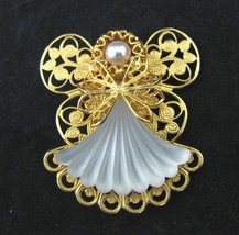 Vtg Gold Plated Filagree Angel Fairy Brooch Marked Jane AOL Glass Pearl xmas Pin - £13.16 GBP