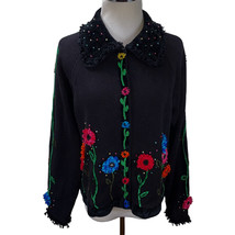 Vintage Berek Embroidered Beaded Flowers Linen Blend Cardigan Size L - $38.50