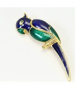 Tropical Parrot On Branch Brooch Jewel Green Blue Enamel Crystal Eye 2 1/4&quot; - $16.30 CAD