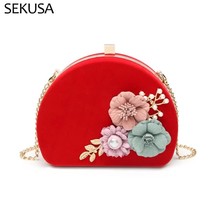 Half Moon Women Evening Bags Red Color Flower Cute Style Party Day Clutch With L - £75.70 GBP