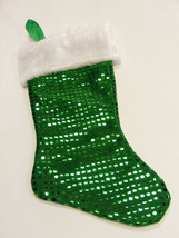 Green Sequin Christmas Stocking W/WHITE Plush TRIM-XMAS Holiday Stocking - £10.29 GBP