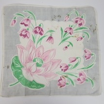 Vintage Handkerchief White Pink Lilly Pad Floral Cotton Approx 12x12 Inch - $13.10