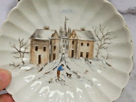 Set 6 Antique Hand Painted Porcelain Berry Bowls Man Walking Dog Winter Church  - £69.63 GBP