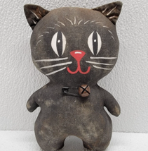 Vintage Fabric Cloth Black Cat Plush Figure Decor Halloween 6&quot; Pin Bell - £46.54 GBP