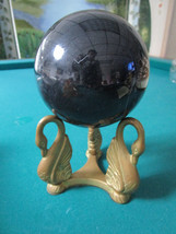 PEDESTAL BLACK GLASS BALL ON METAL SWAN STAND  5 X 9&quot; &quot; PAPERWEIGHT FIGU... - £84.40 GBP