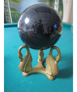 PEDESTAL BLACK GLASS BALL ON METAL SWAN STAND  5 X 9&quot; &quot; PAPERWEIGHT FIGU... - £83.31 GBP