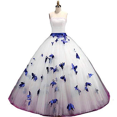 Kivary A Line White and Royal Blue Butterfly Pearls Long Prom Gowns Wedding Dres